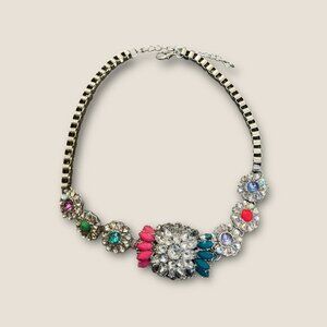 Large Silver Tone Multicolored Rhinestone Bold Floral Statement Necklace